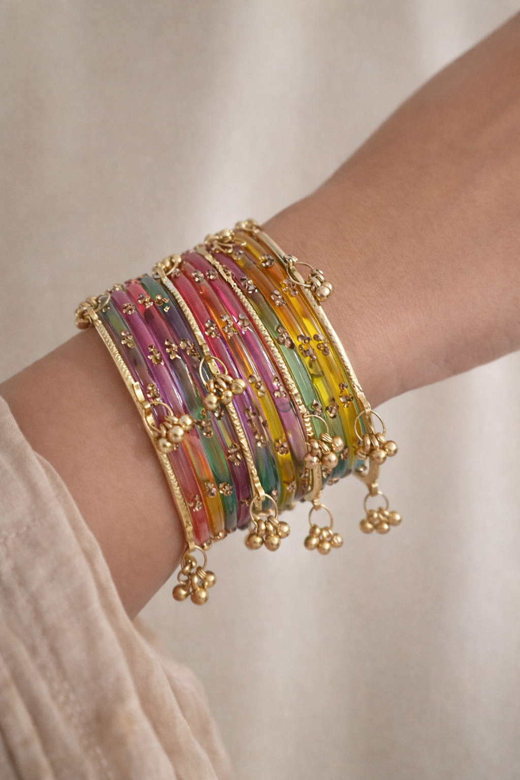 Multi-Color Viral Kashmiri Bangles Set-1 dozen - (4 Ghunghru Kara 12 Bangles)