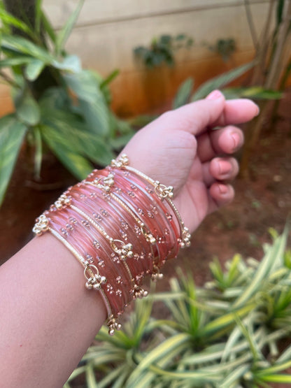 Viral Kashmiri Ghungroo Glass Bangle Set-1 dozen - Pink (12 Simple 4 Ghungroo Bangles)