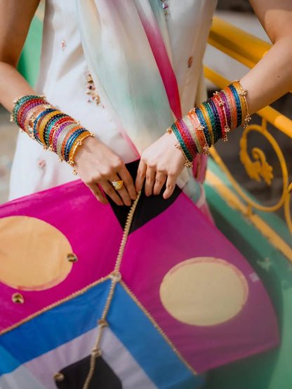 Multi-Color Viral Kashmiri Bangles Set-1 dozen - (4 Ghunghru Kara 12 Bangles)